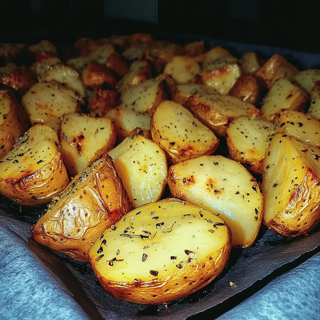 A tray of golden-brown roasted potato wedges, seasoned with herbs, is displayed on a dark surface.