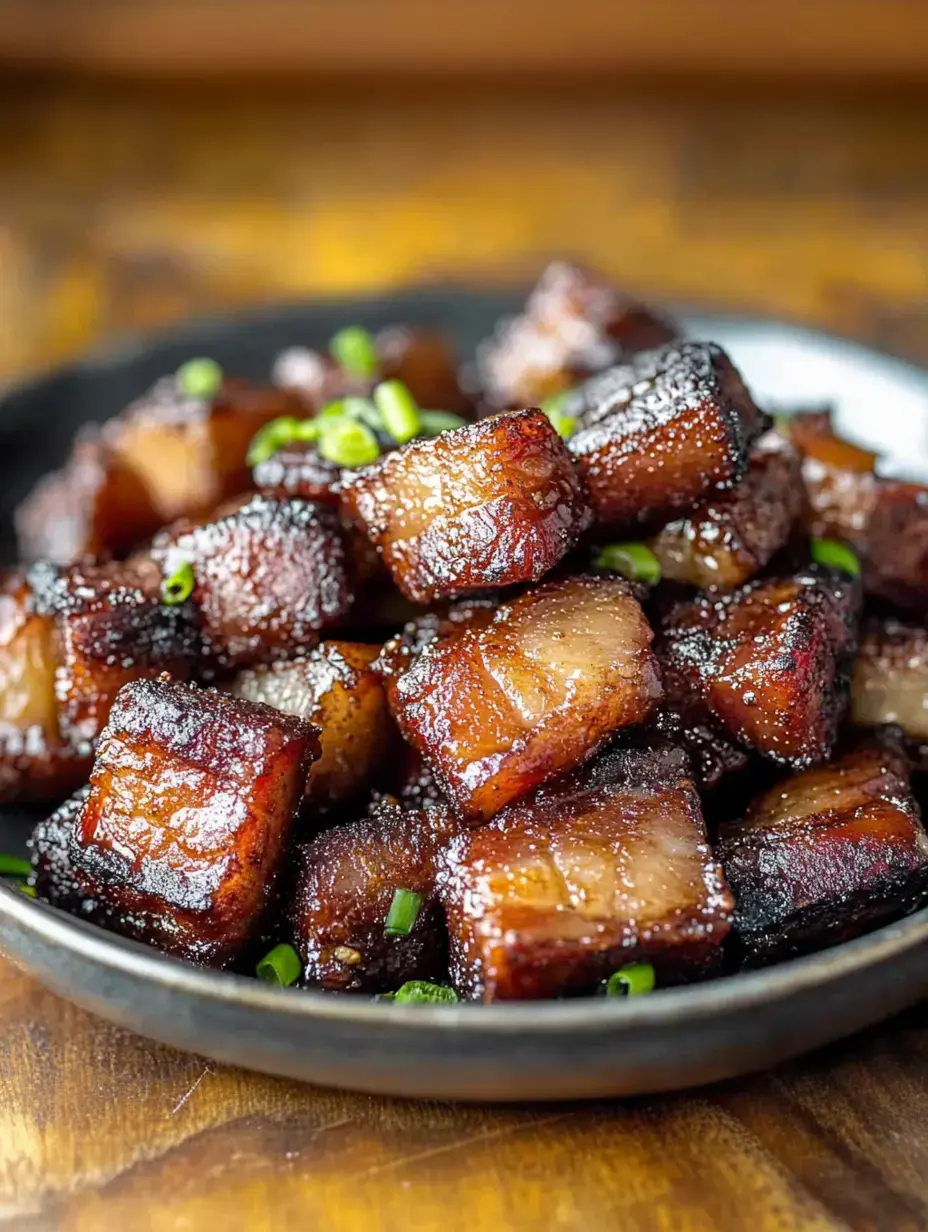 A close-up of a dark, glazed dish featuring small, caramelized pieces of pork belly garnished with chopped green onions, served on a round black plate.