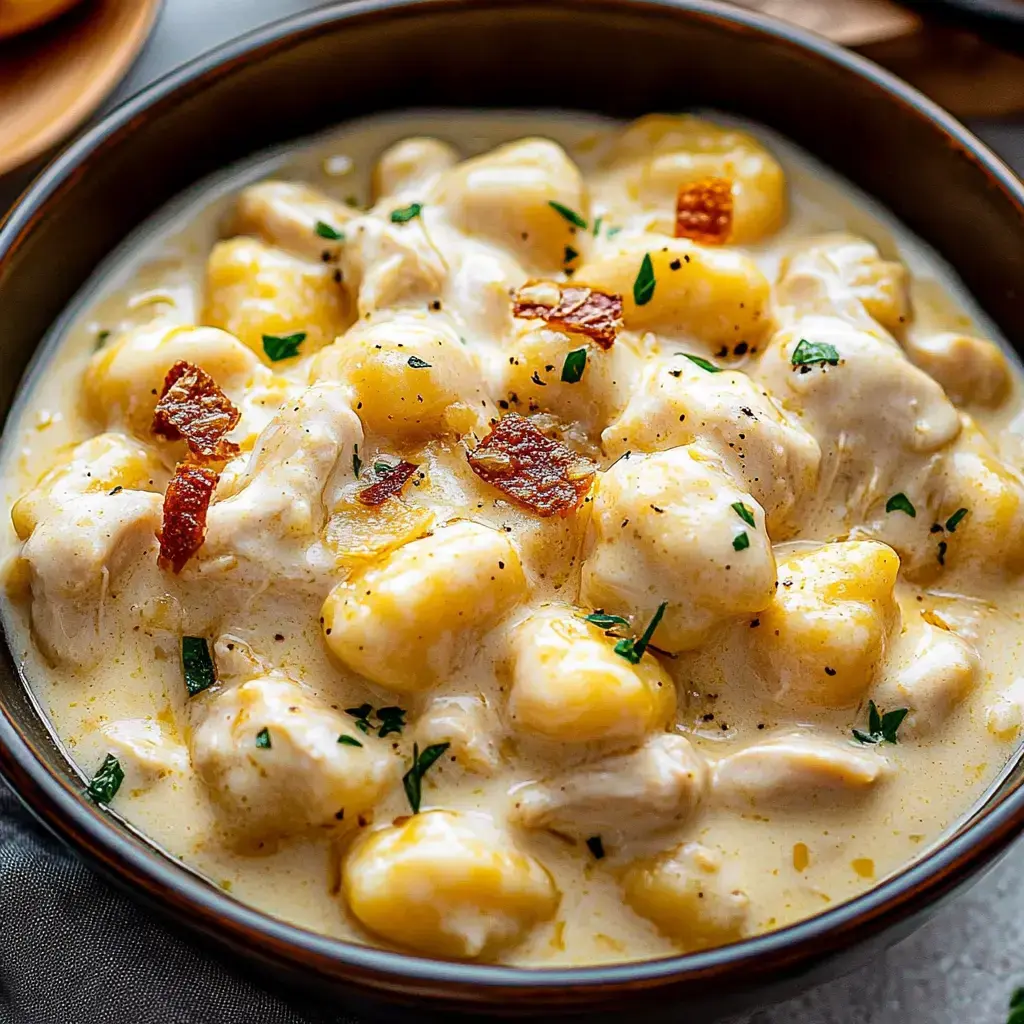 A bowl of creamy gnocchi with pieces of chicken, topped with crispy bacon and parsley.