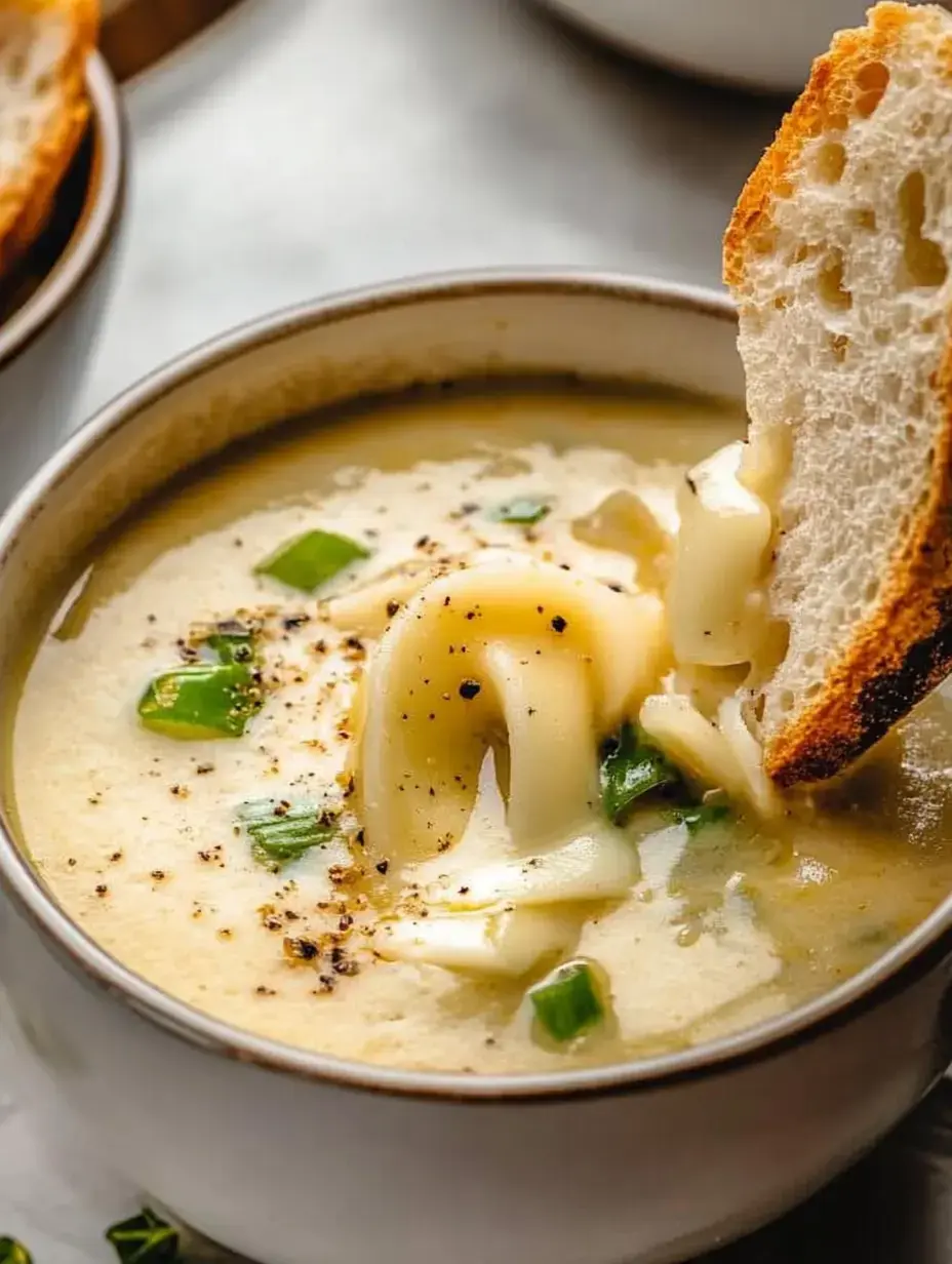 A bowl of creamy soup with noodles and green onions, accompanied by a piece of crusty bread being dipped into it.