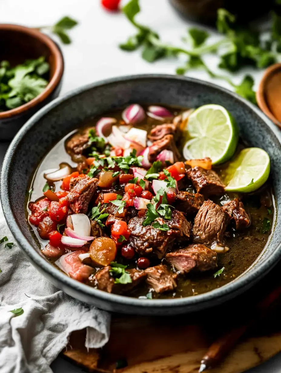 A bowl of savory meat stew garnished with fresh herbs, diced tomatoes, red onions, and lime wedges, surrounded by additional herbs and ingredients.