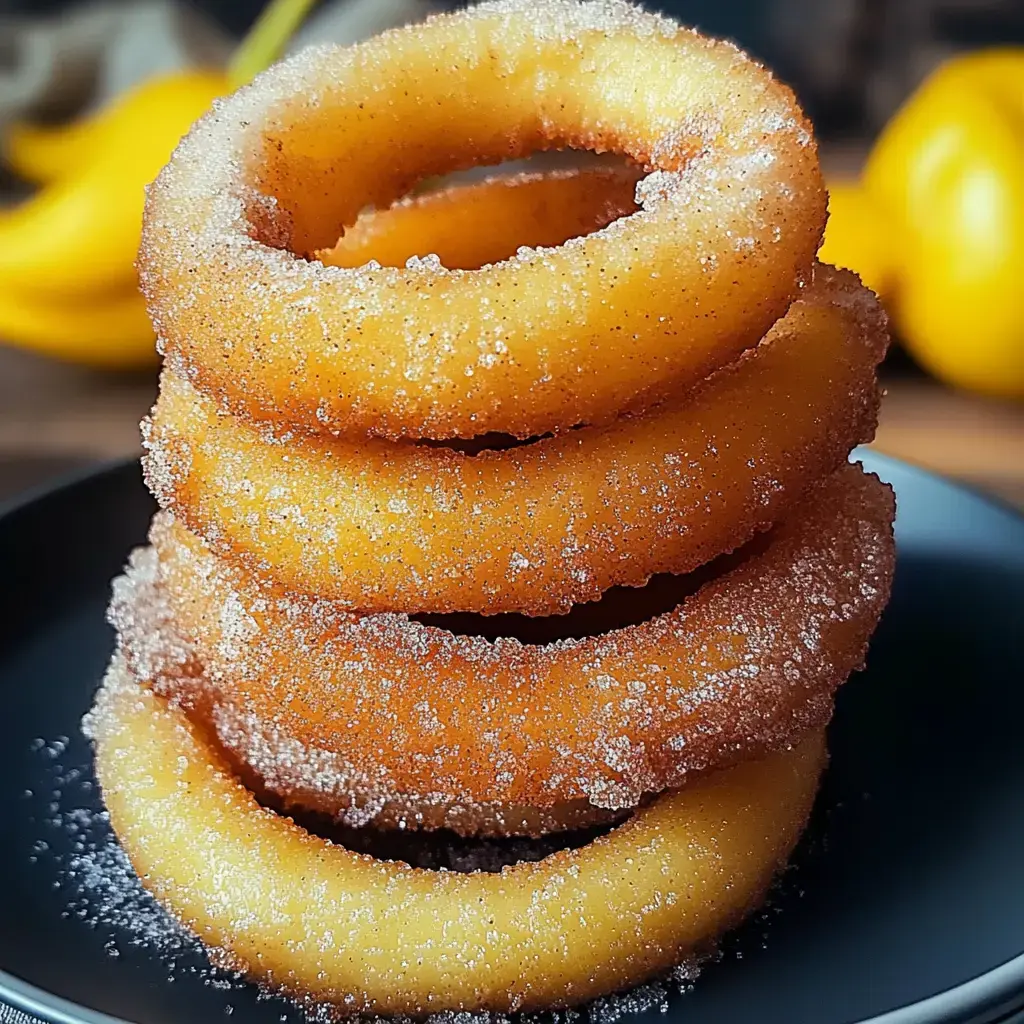 A stack of four golden, sugar-coated doughnut rings on a black plate, with yellow bananas blurred in the background.