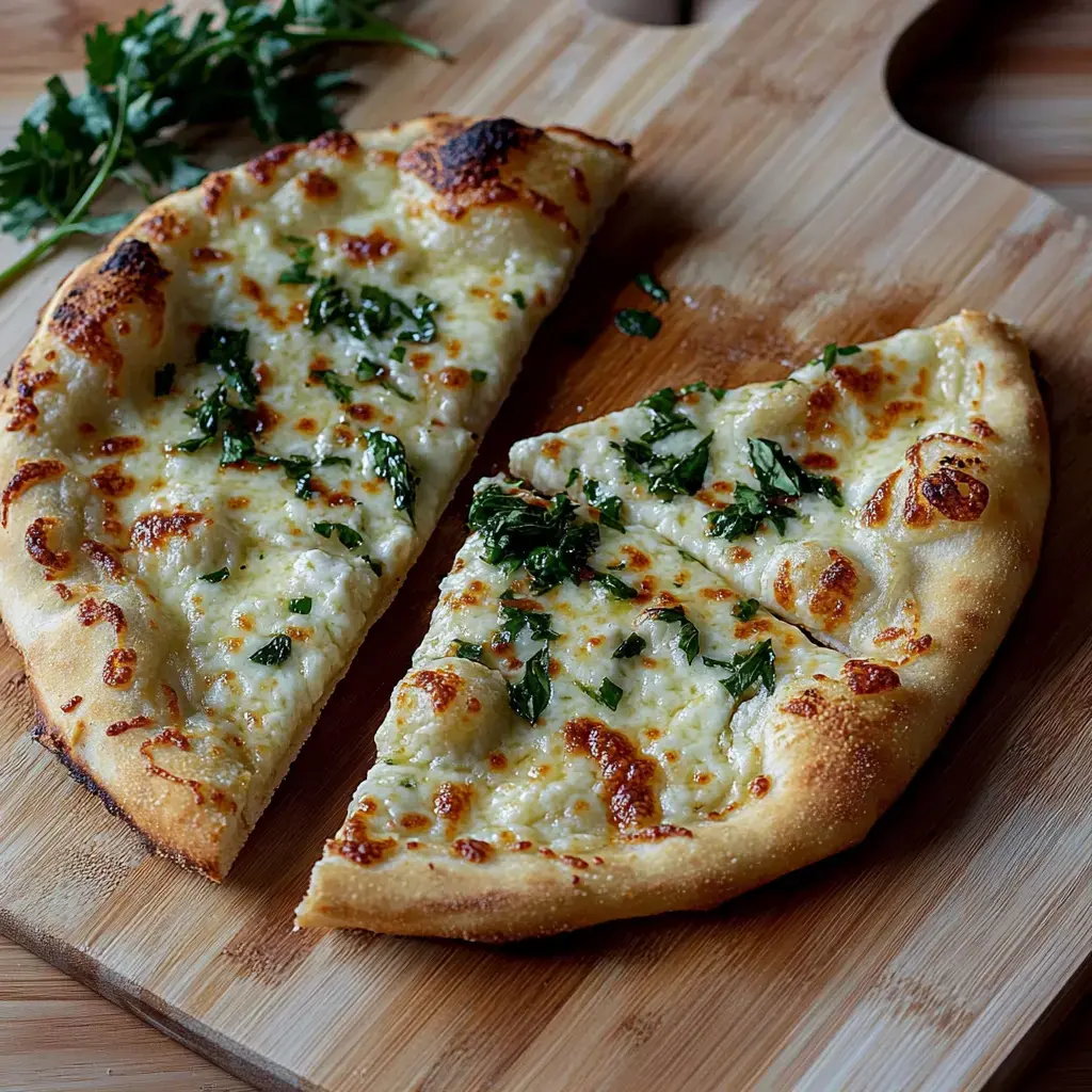 A freshly baked cheese pizza topped with chopped parsley, displayed on a wooden cutting board.