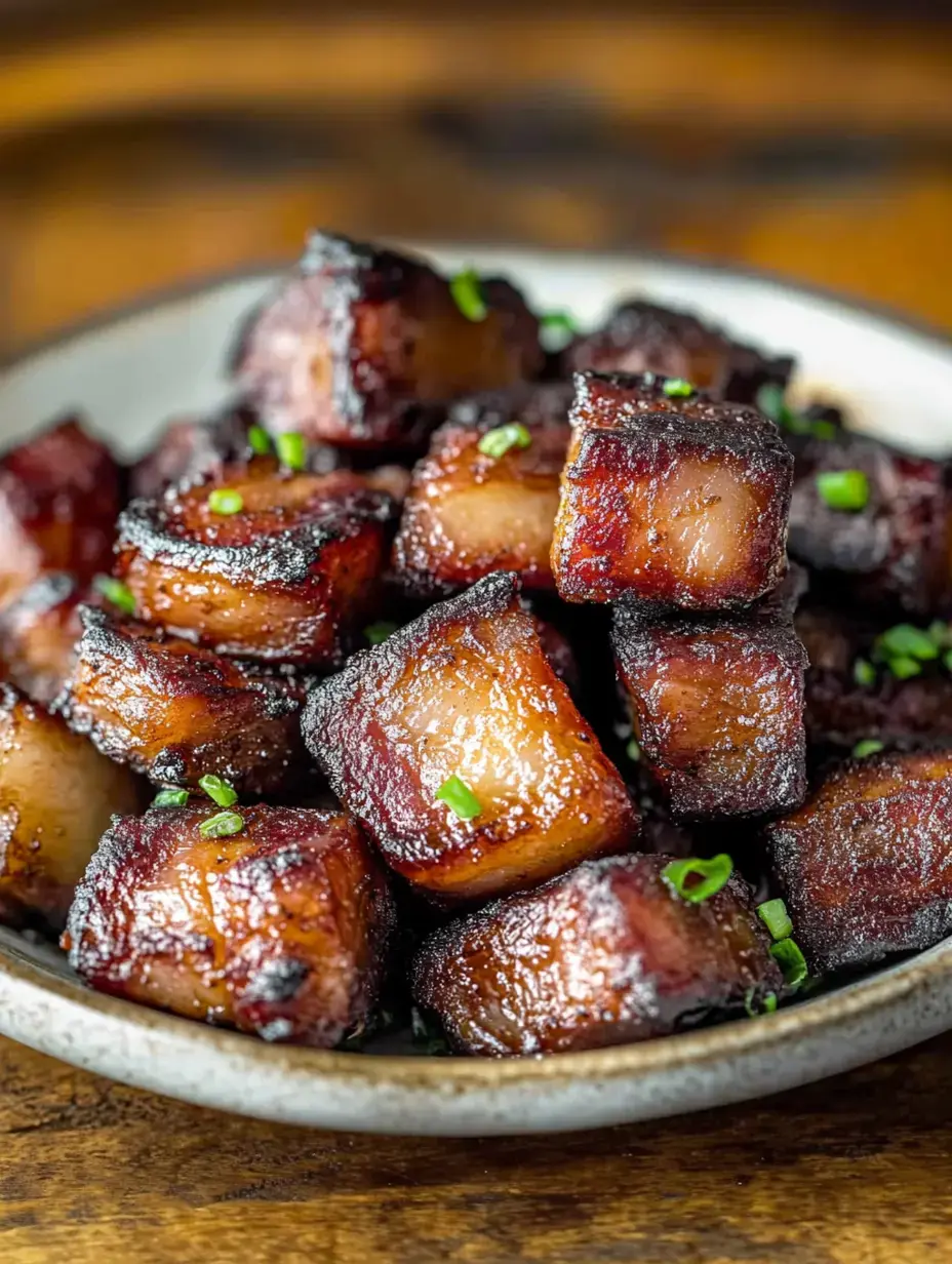 A close-up of golden-brown, crispy fried pork belly cubes garnished with chopped green onions on a plate.