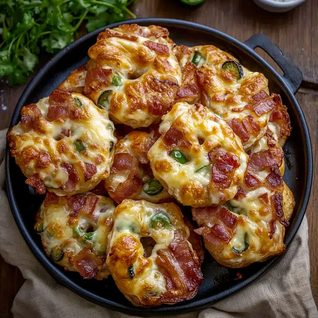 A close-up view of a black plate filled with savory cheese and bacon-topped baked goods, garnished with fresh cilantro in the background.