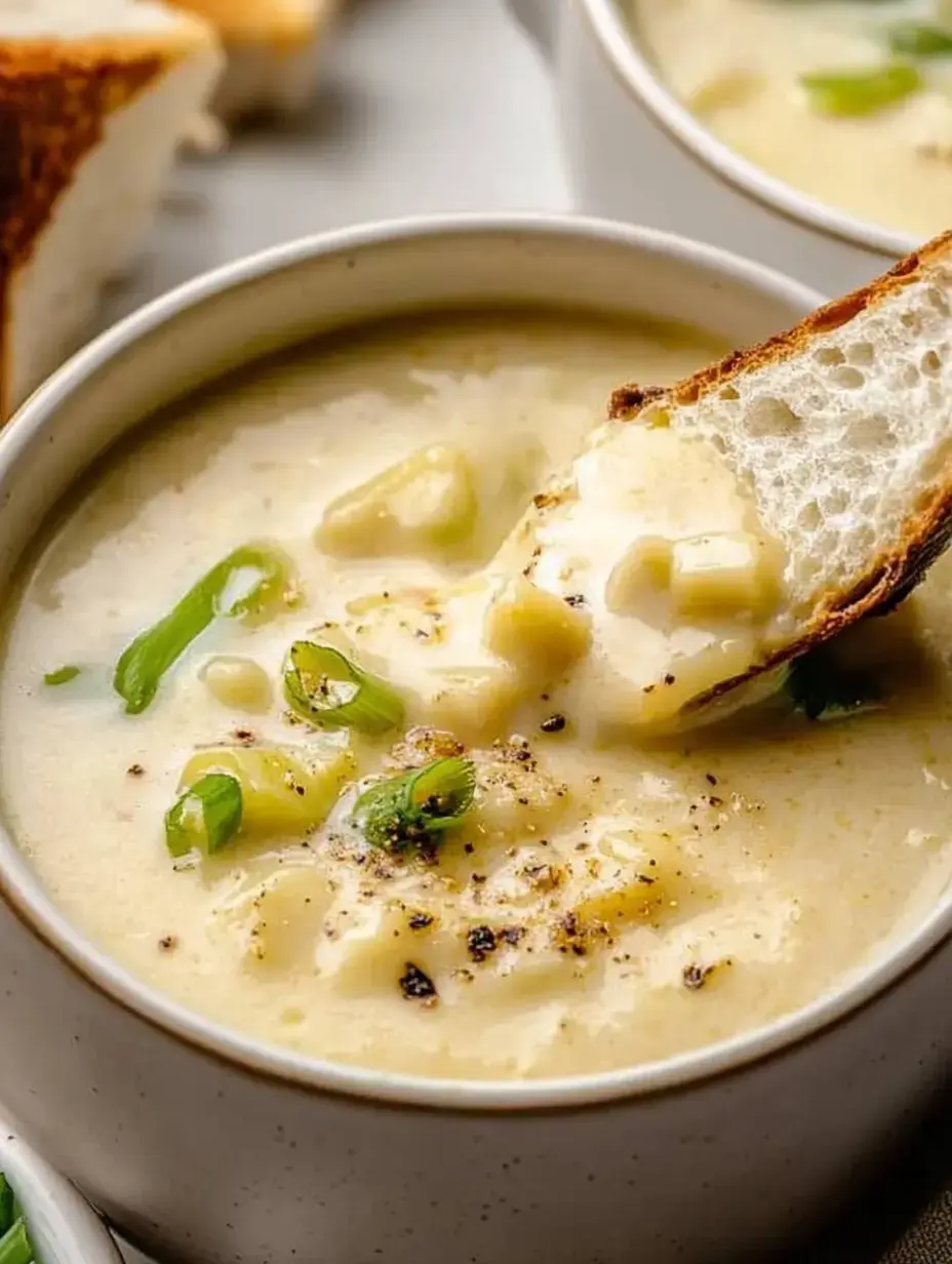 A piece of toasted bread is being dipped into a creamy soup garnished with green onions and black pepper.