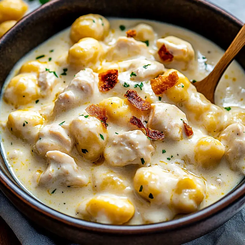 A bowl of creamy chicken and gnocchi soup topped with crispy bacon and fresh herbs.