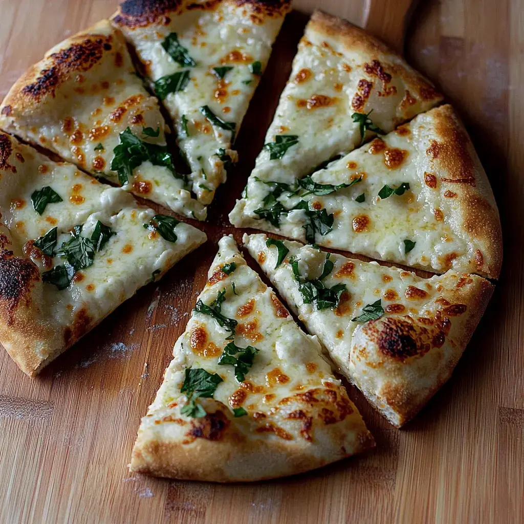 A freshly baked pizza cut into eight slices, topped with melted cheese and garnished with fresh green herbs, displayed on a wooden serving board.