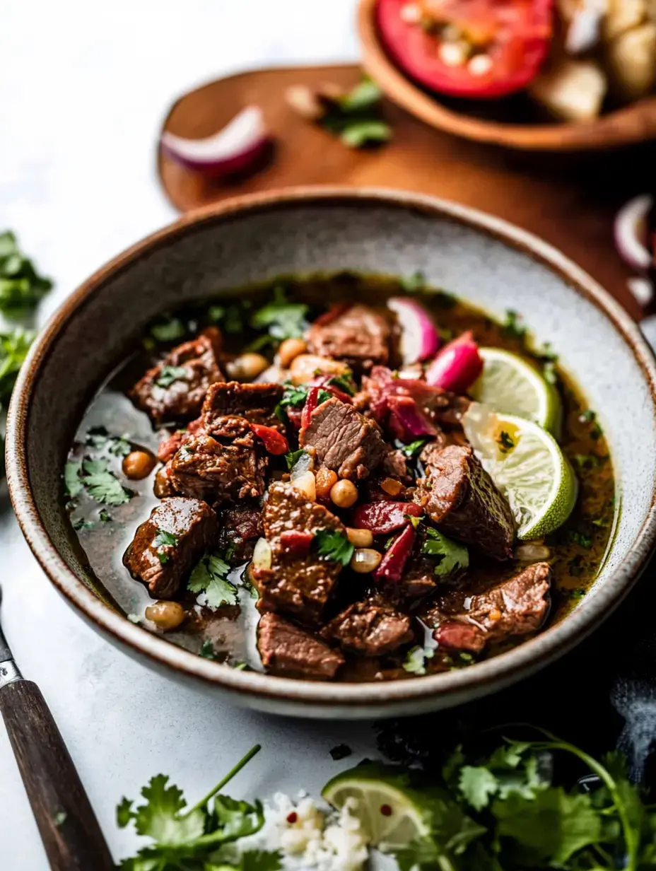 A close-up of a bowl of beef stew garnished with cilantro, lime, and onions, accompanied by fresh ingredients on the side.