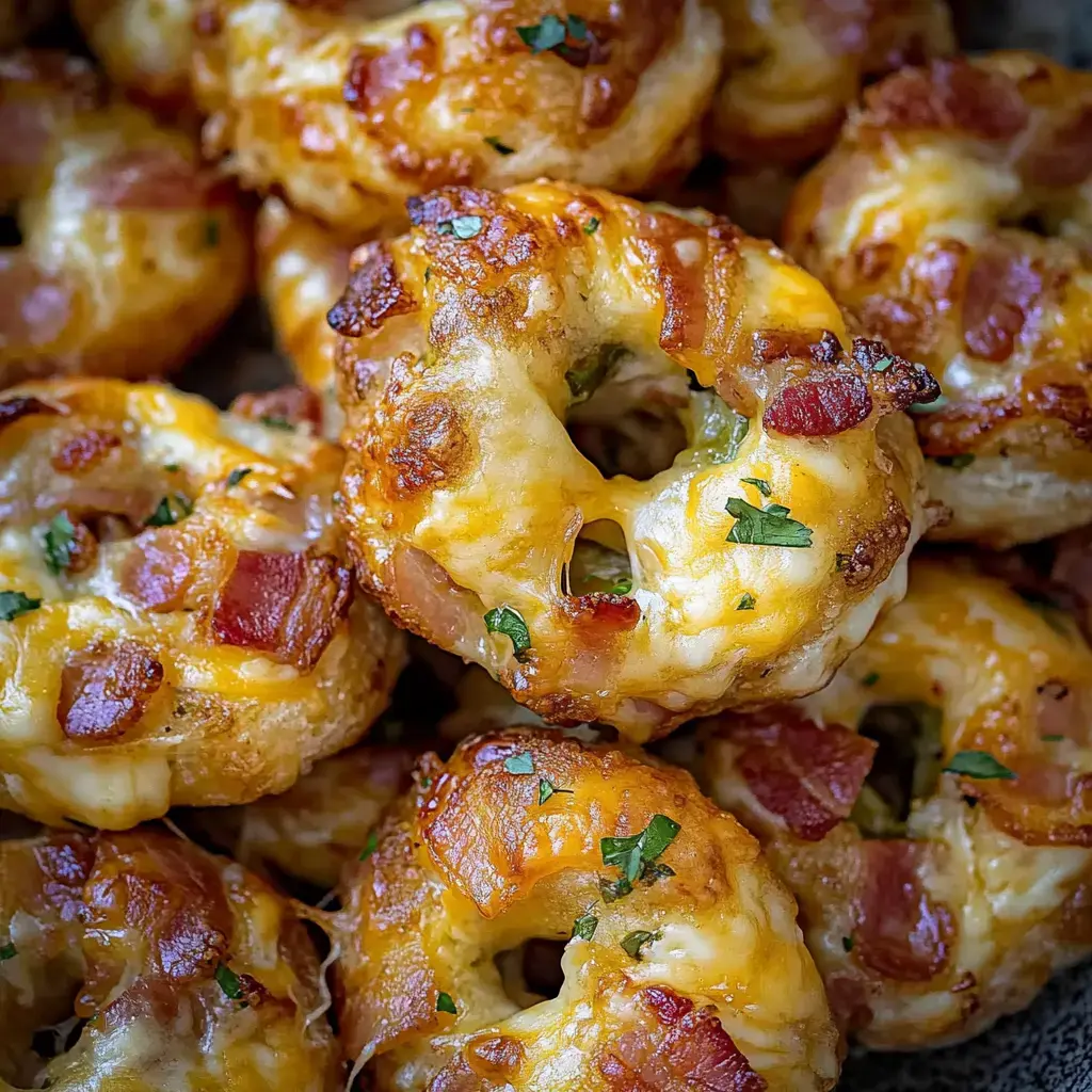 A close-up of golden, cheesy bagels topped with crispy bacon and sprinkled with green herbs.