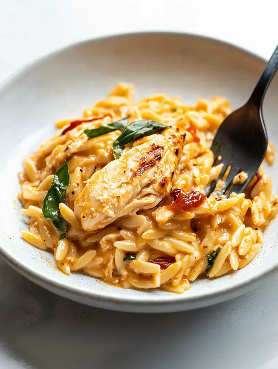 A bowl of creamy orzo pasta topped with grilled chicken and garnished with fresh basil leaves.