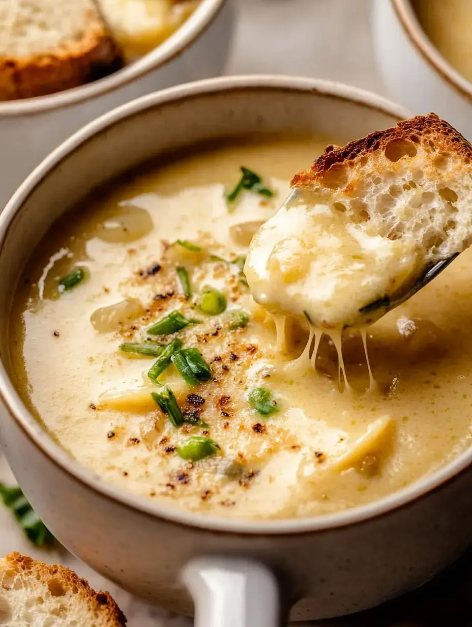 A creamy soup topped with green onions and cheese, with a piece of toasted bread being dipped in.