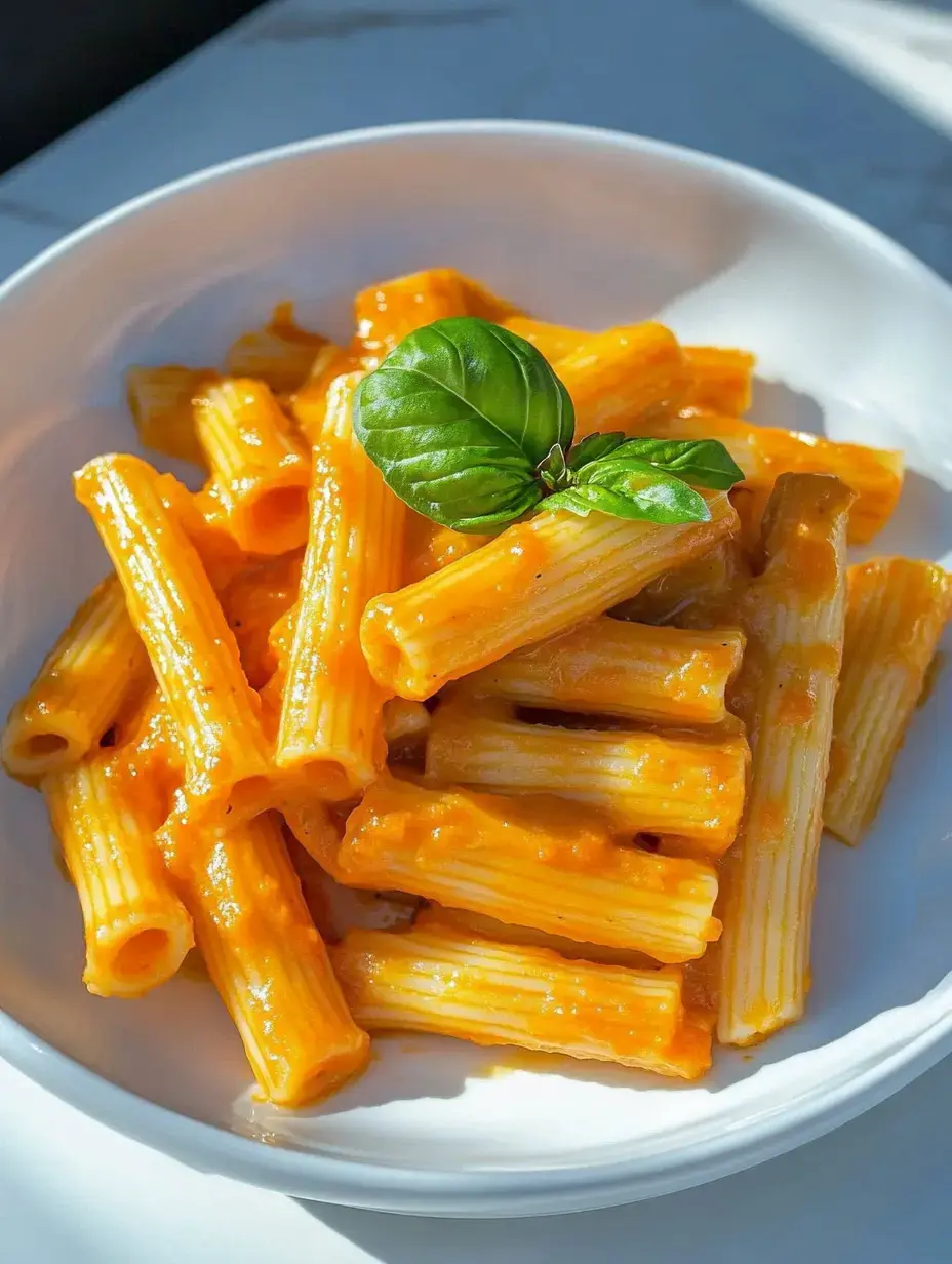 A plate of rigatoni pasta coated in a creamy orange sauce, garnished with a fresh basil leaf.