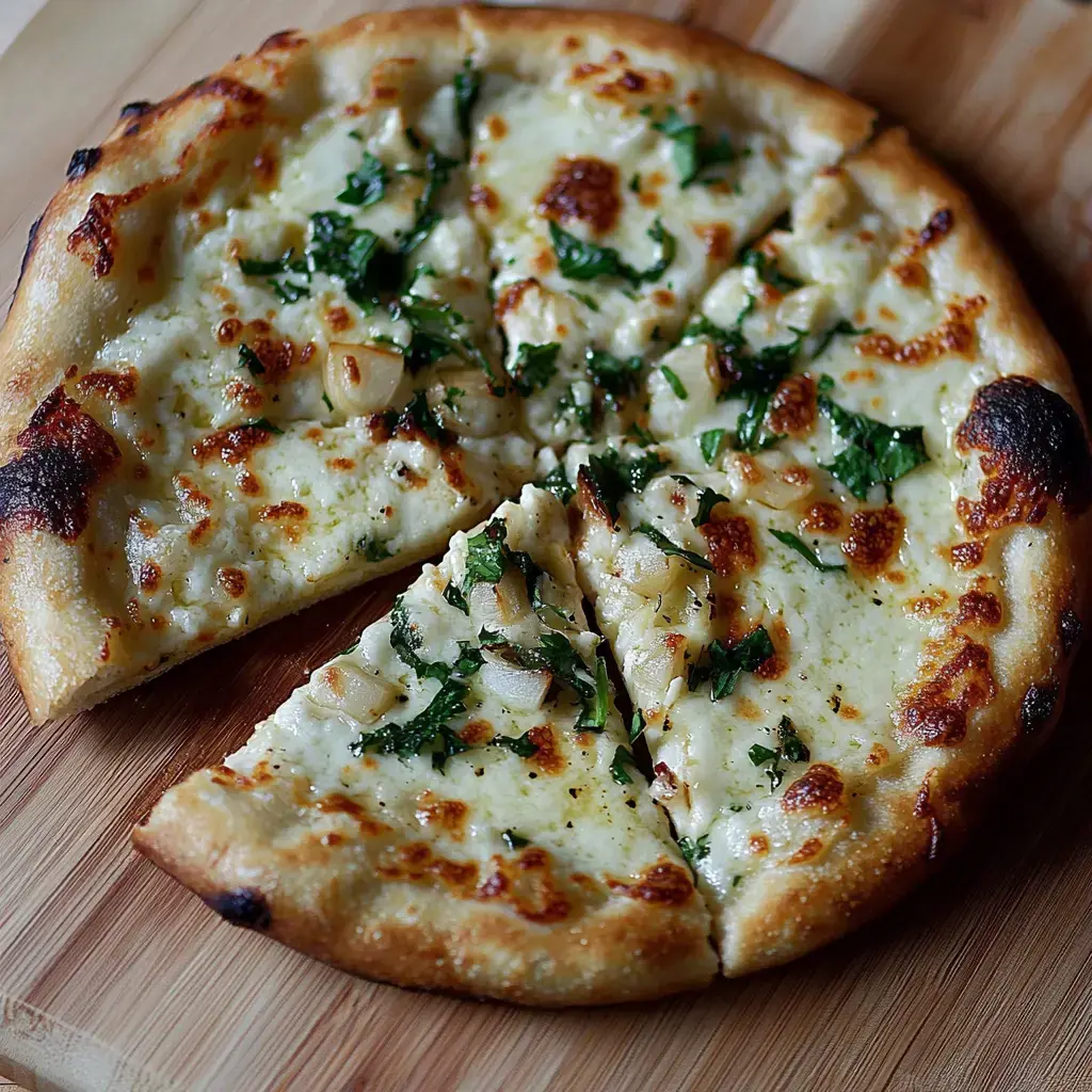 A freshly baked white pizza topped with melted cheese, garlic, and fresh herbs, sliced into eight pieces.