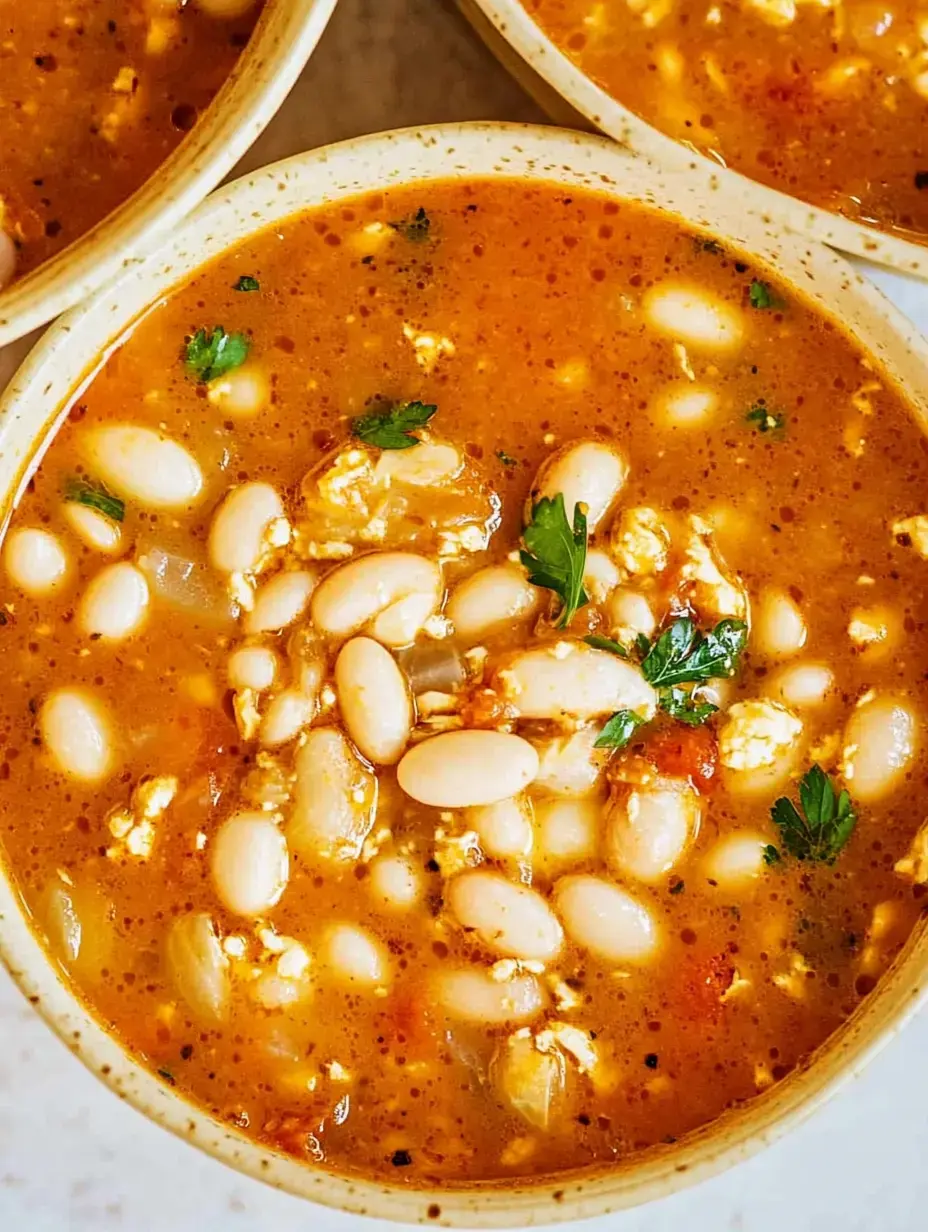 A close-up view of a bowl of hearty bean soup topped with fresh parsley.