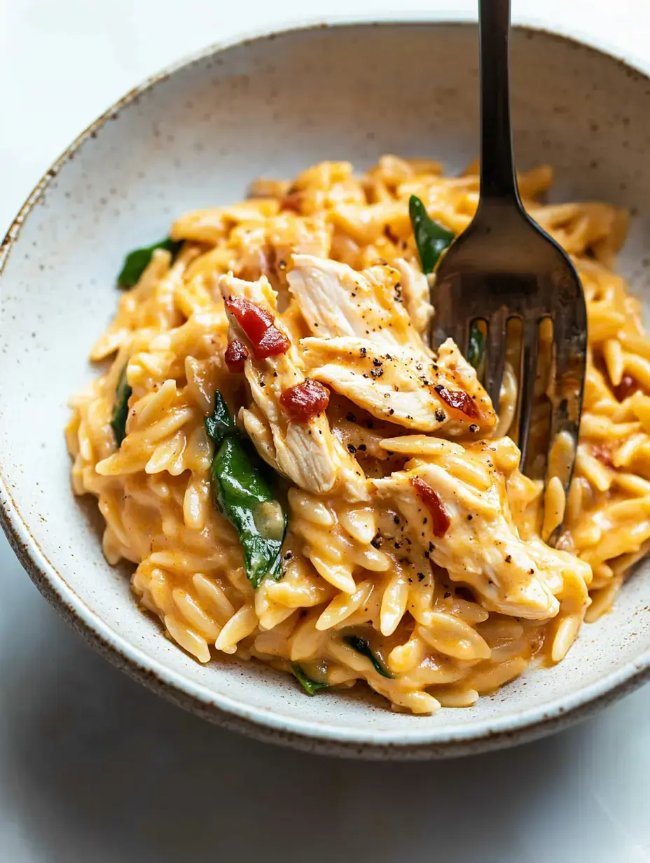 A bowl of creamy orzo pasta mixed with shredded chicken and spinach, topped with pieces of bacon and black pepper.