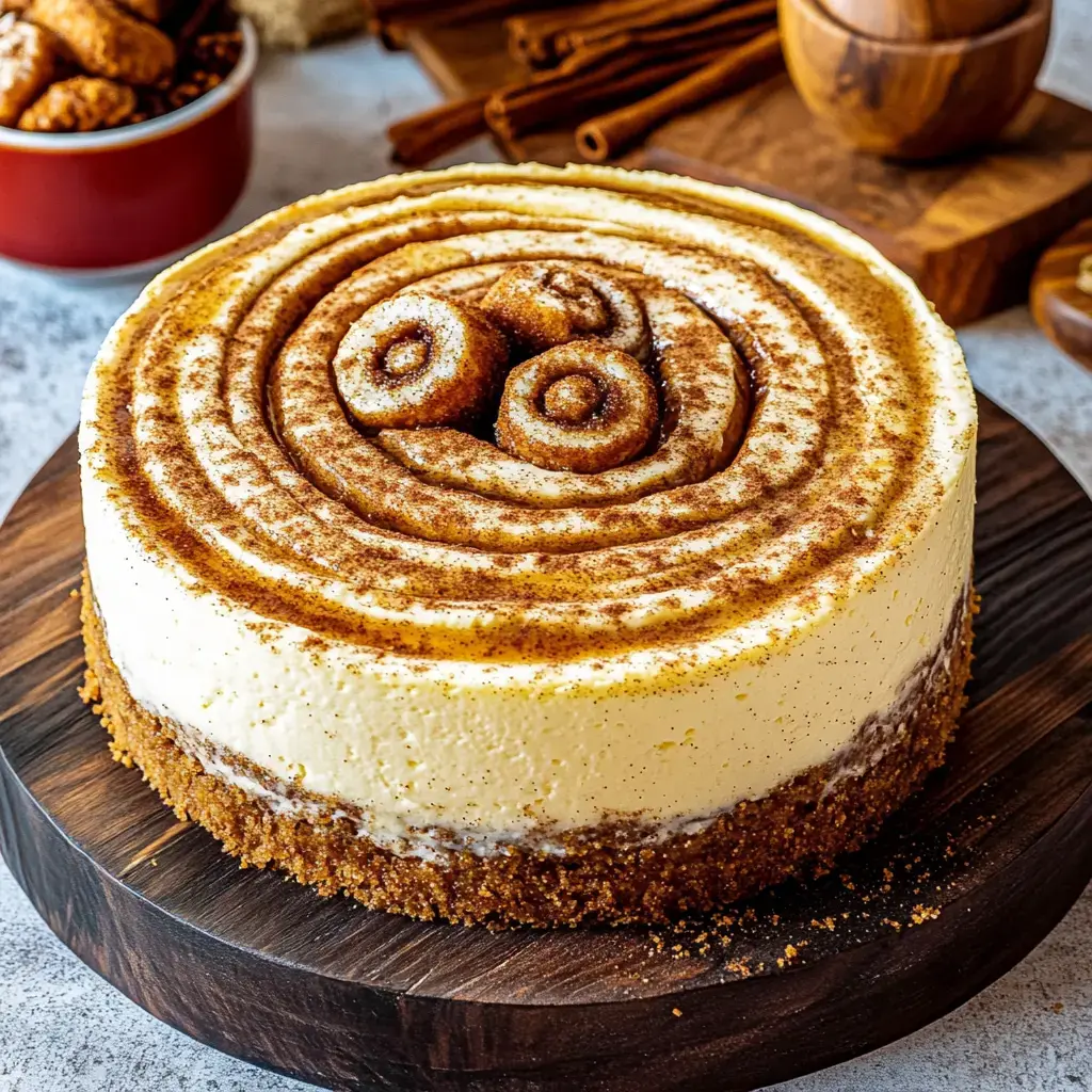 A creamy cheesecake with a cinnamon swirl and cinnamon roll toppings, placed on a wooden serving board.