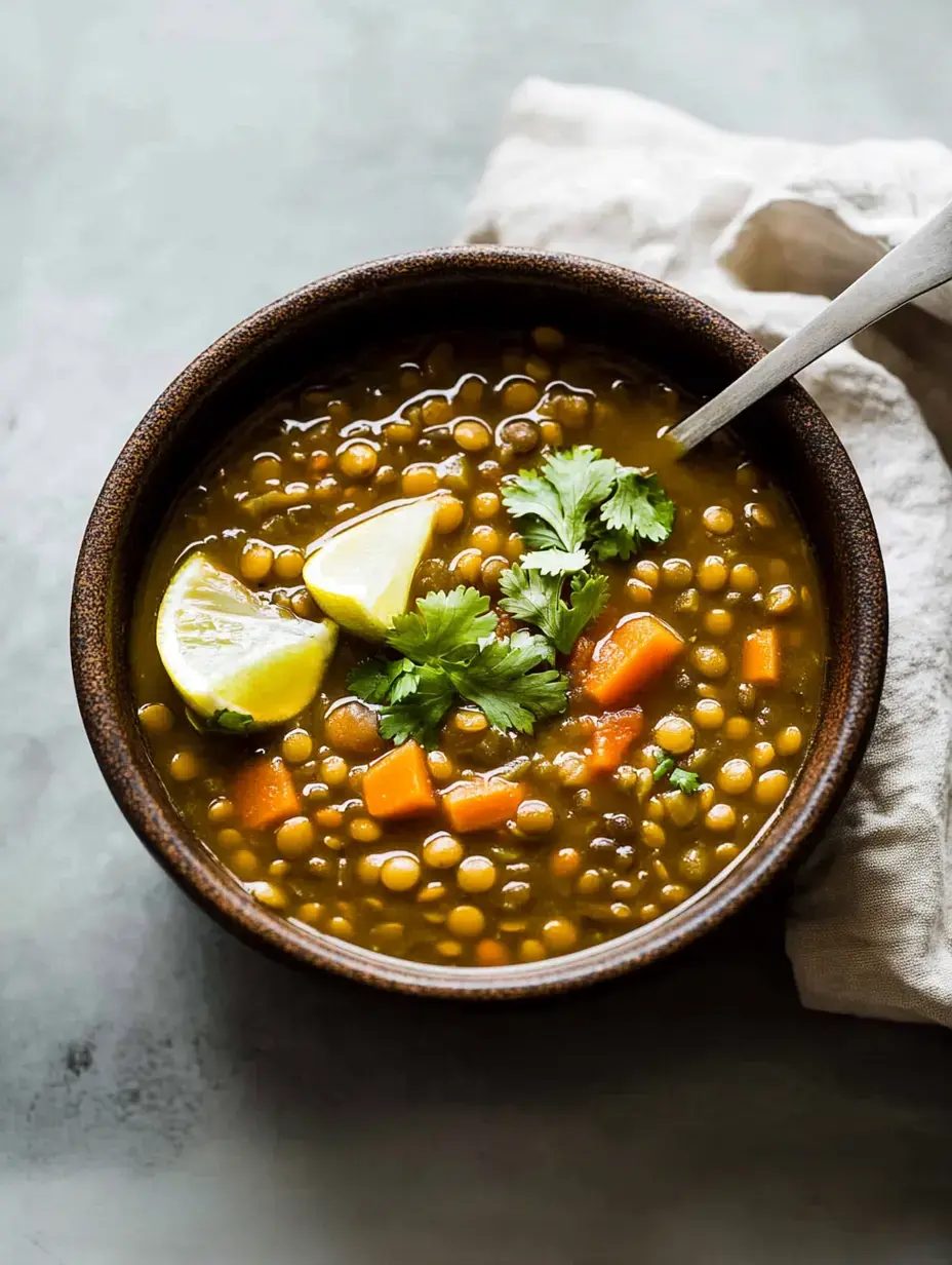 A rustic bowl of lentil soup garnished with lemon wedges and fresh cilantro, sitting on a textured surface.