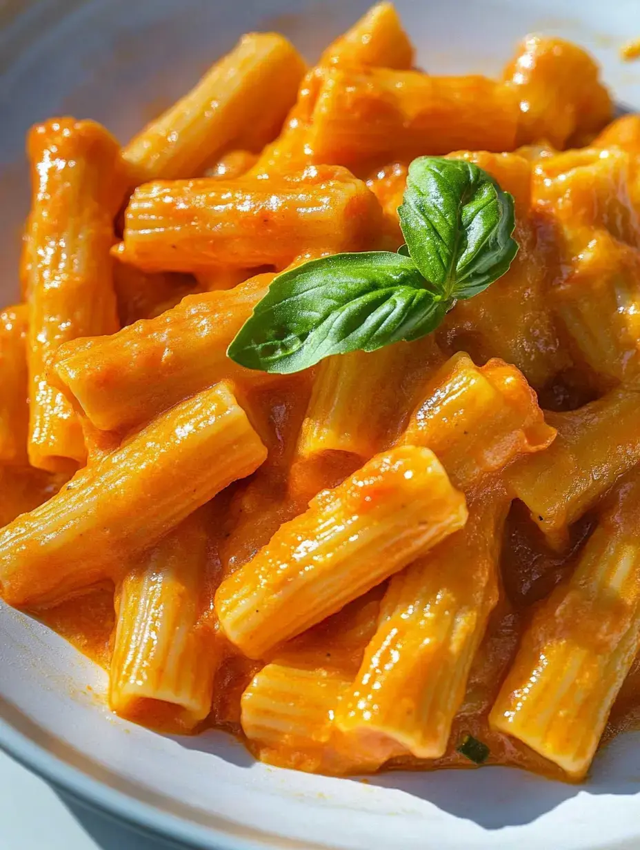 A close-up of rigatoni pasta coated in a creamy orange sauce, garnished with a fresh basil leaf.