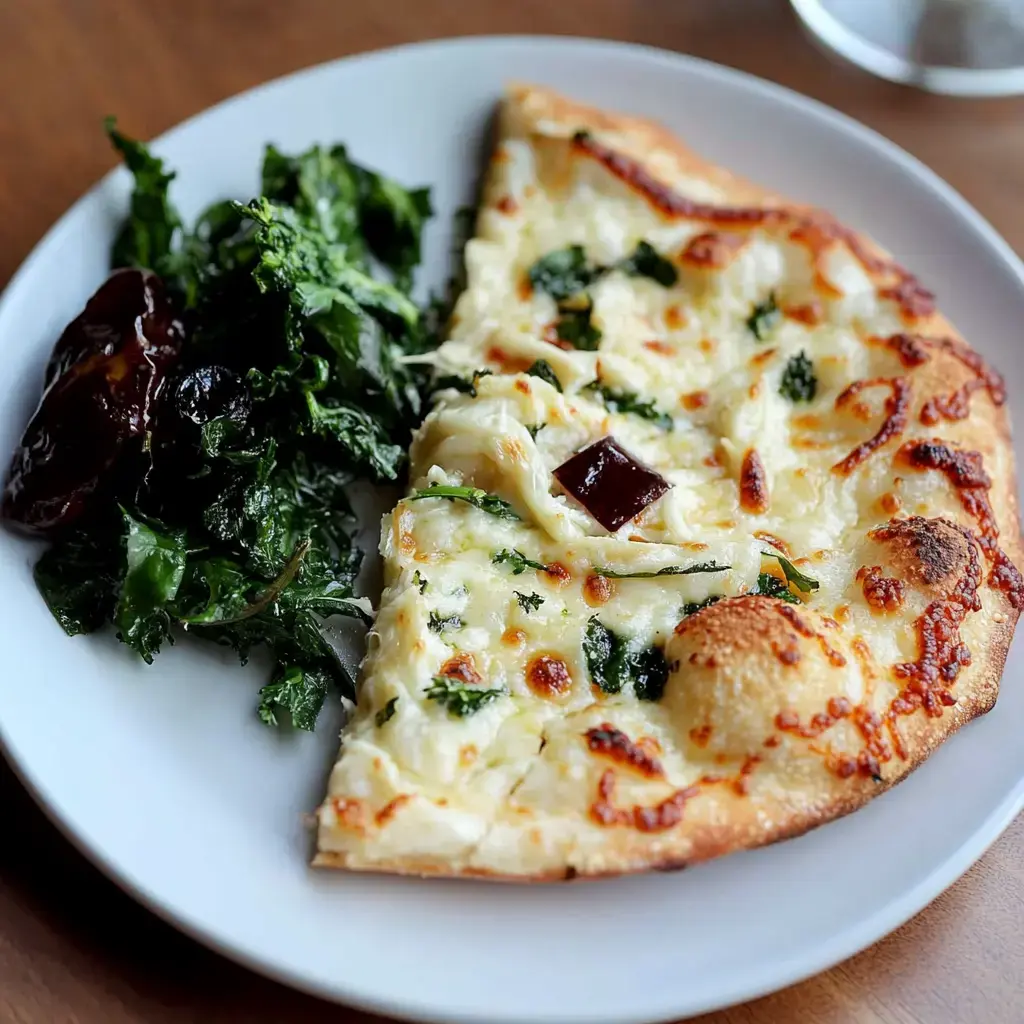 A slice of cheesy pizza topped with herbs is served alongside a portion of sautéed greens on a white plate.