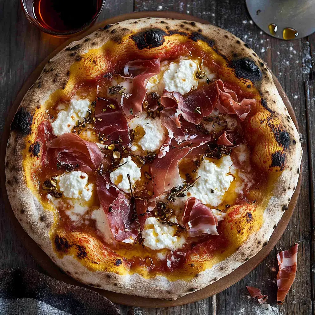 A freshly baked pizza topped with ricotta, prosciutto, herbs, and drizzled with olive oil, served on a wooden platter.