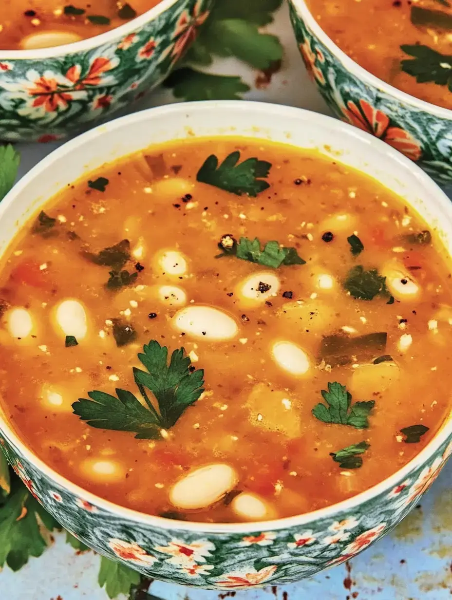 A close-up view of a bowl of hearty soup garnished with fresh parsley and featuring white beans, set against a colorful decorative bowl.