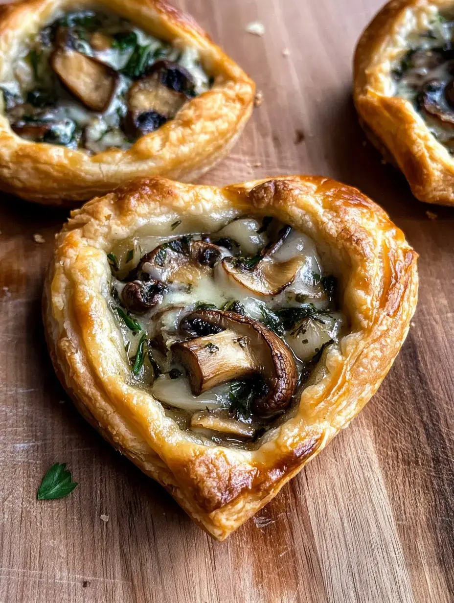 A close-up of heart-shaped puff pastry tarts filled with mushrooms and greens on a wooden surface.