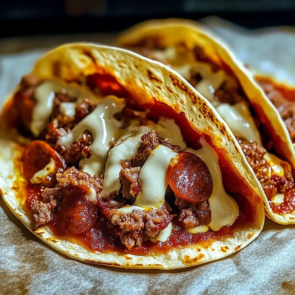 Three tacos filled with ground beef, pepperoni slices, and drizzled with a creamy sauce, served on a parchment-lined surface.