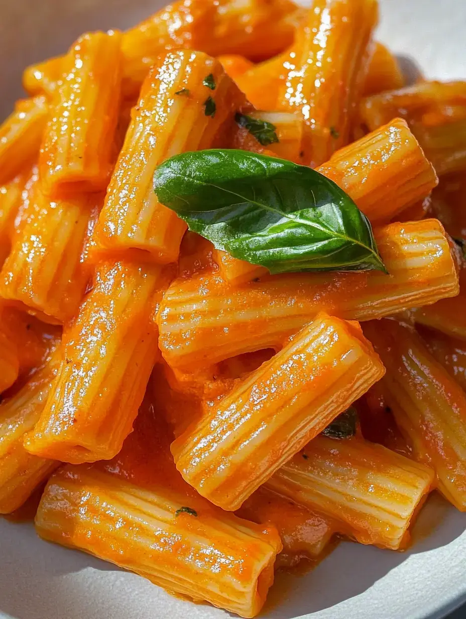 A close-up of rigatoni pasta coated in a rich tomato sauce, garnished with a fresh basil leaf.