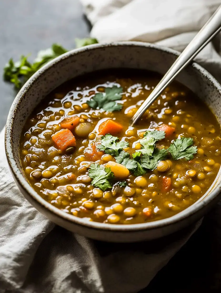 A bowl of lentil soup garnished with fresh cilantro and chunks of vegetables, sitting on a textured surface.