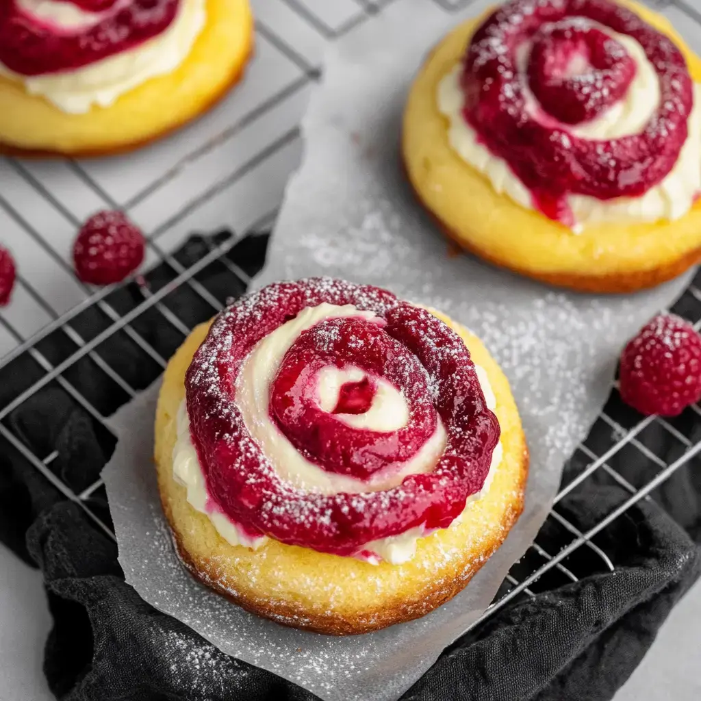 A close-up view of raspberry swirl pastries topped with cream and dusted with powdered sugar, arranged on a black cooling rack.