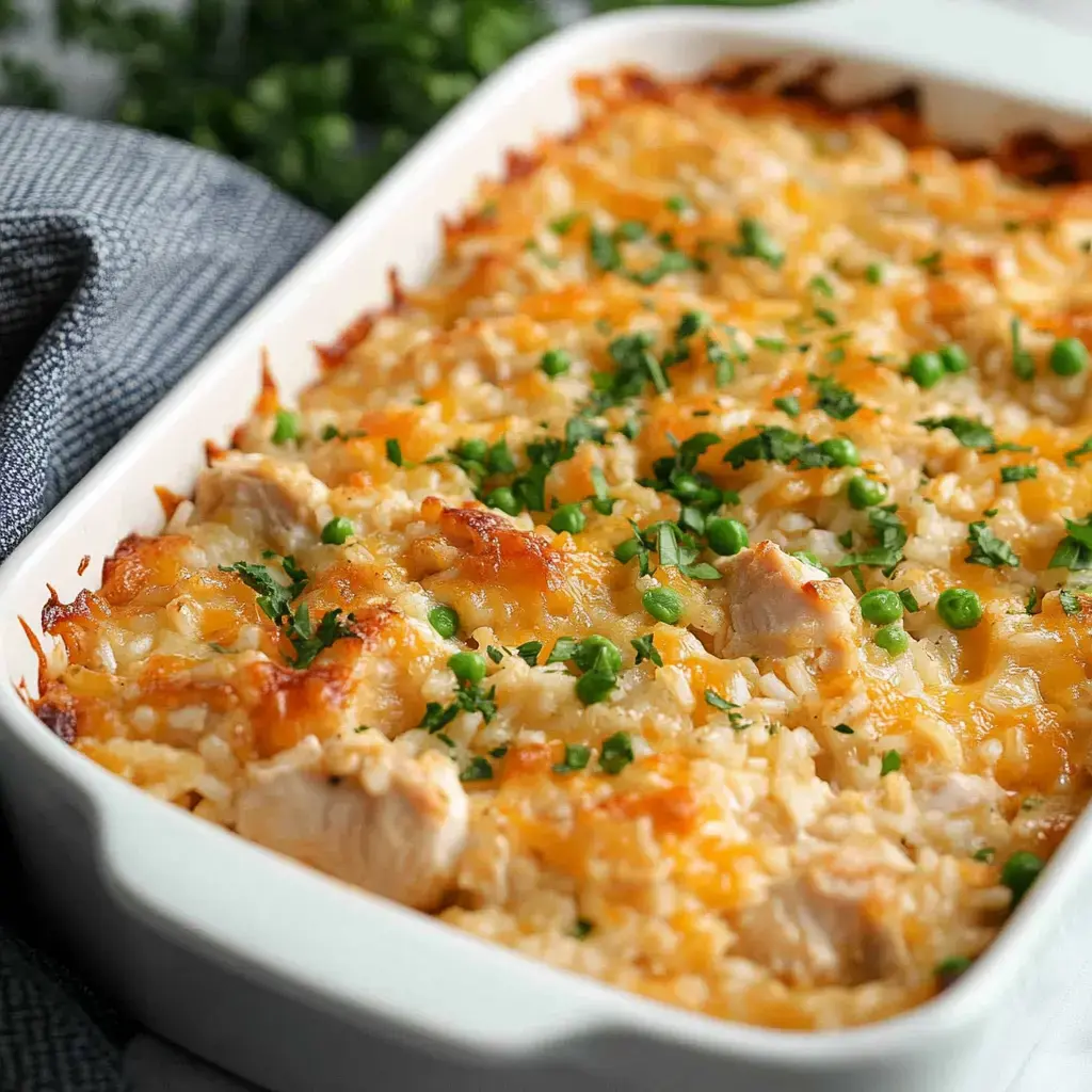 A baked chicken and rice casserole topped with melted cheese and green peas, served in a white dish.