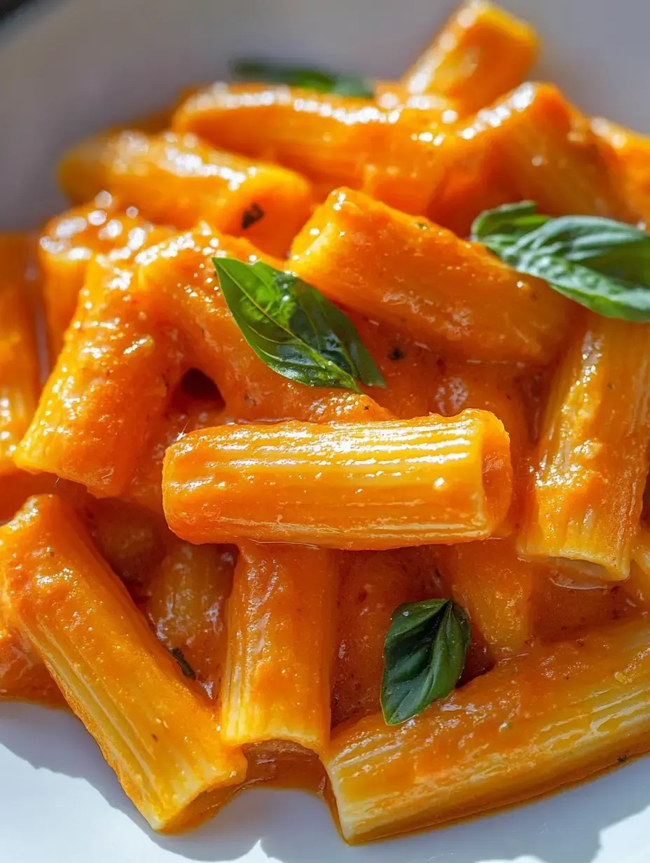 A bowl of rigatoni pasta coated in a vibrant orange sauce, garnished with fresh basil leaves.