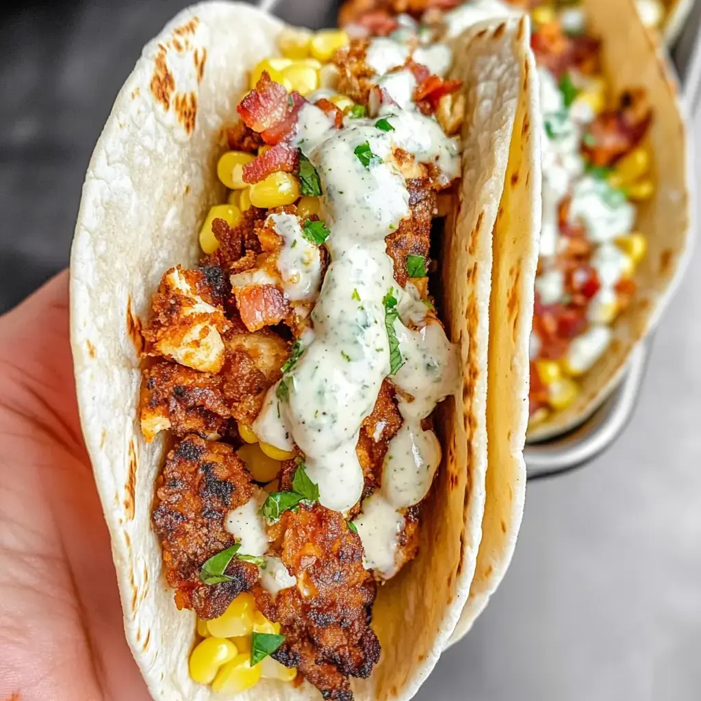 A hand holds two tacos filled with corn, crispy meat, and drizzled with a creamy sauce.