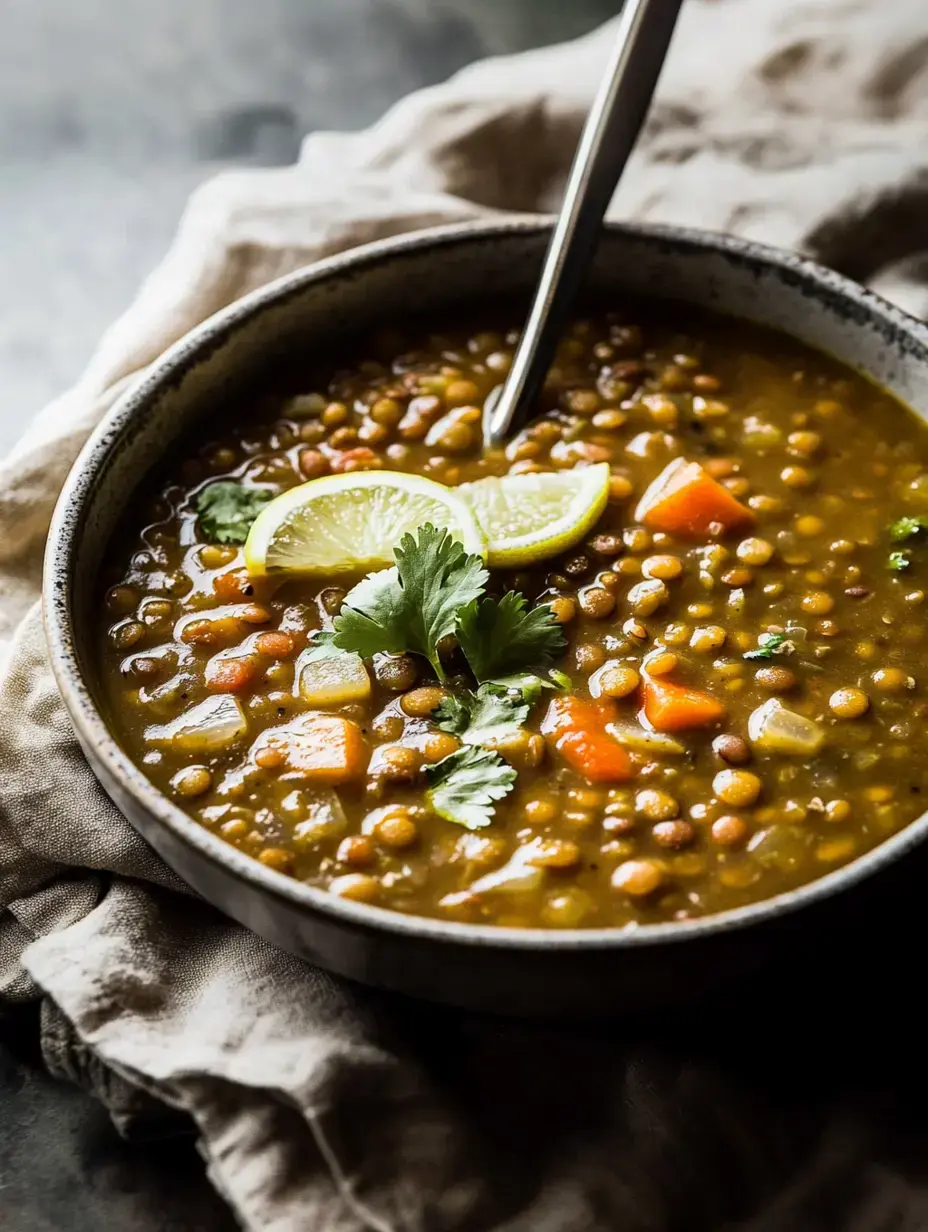 A bowl of lentil soup garnished with lime wedges and cilantro, sitting on a textured cloth.