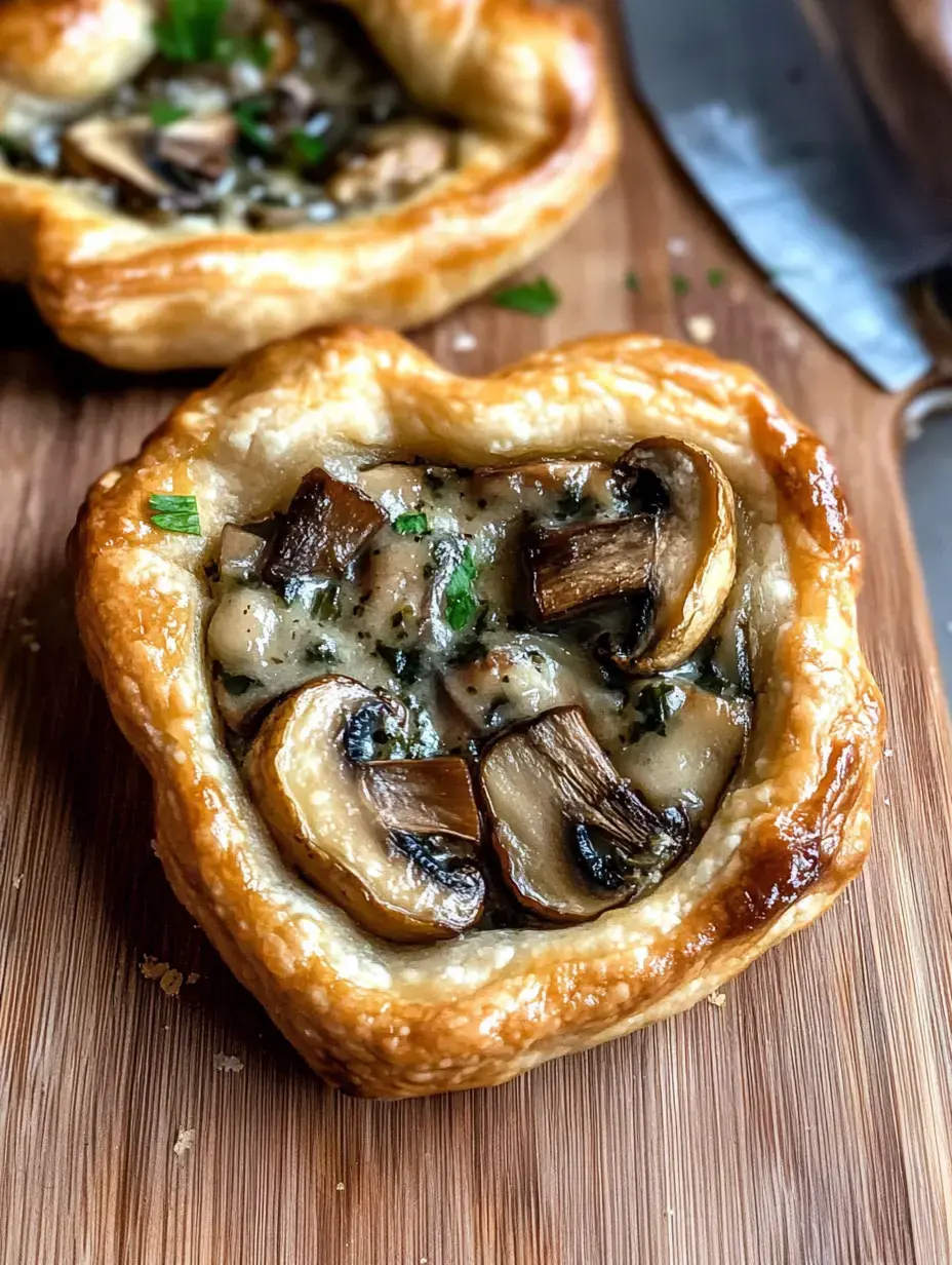 A heart-shaped pastry filled with sautéed mushrooms and herbs on a wooden cutting board.