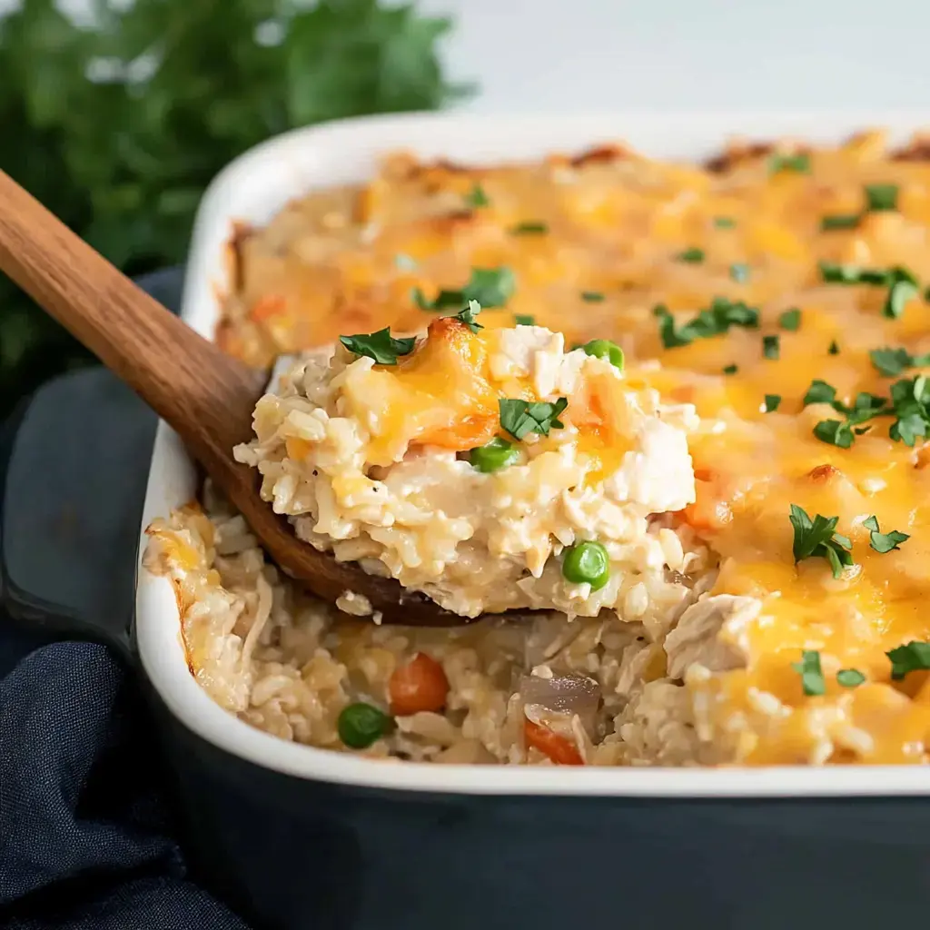 A wooden spoon lifts a serving of creamy chicken and rice casserole topped with melted cheese and garnished with fresh parsley.