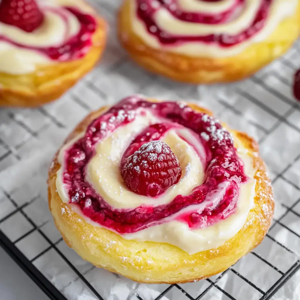 A close-up of a pastry topped with creamy icing, raspberry swirl, and a fresh raspberry on a wire rack.