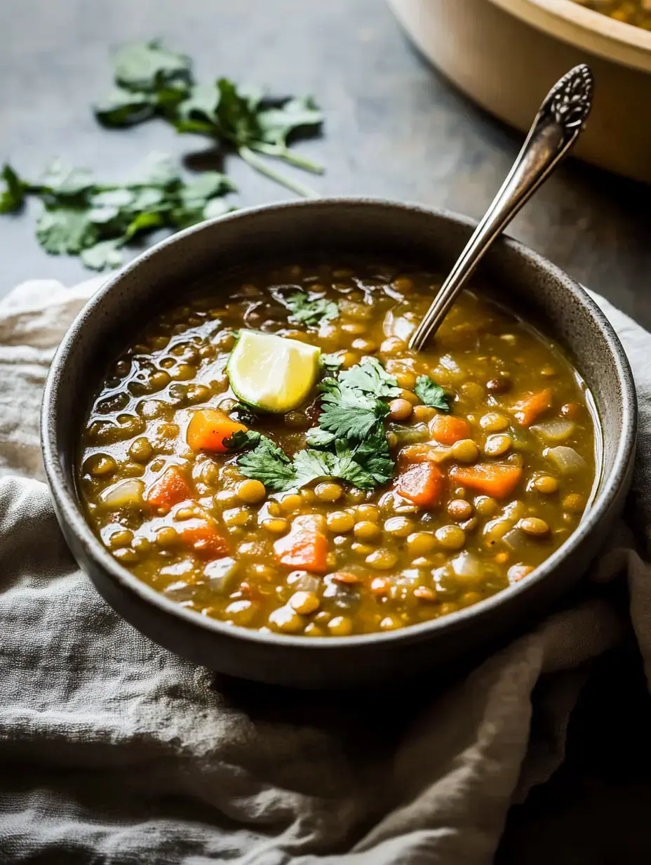 A bowl of green lentil soup garnished with cilantro and a wedge of lime, set on a textured cloth.