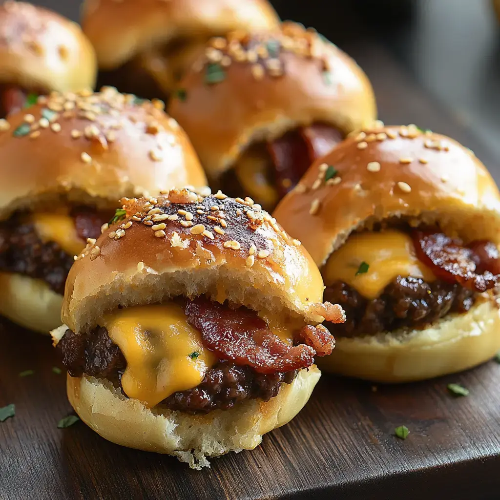 A close-up image of mini burgers with melted cheese and crispy bacon, topped with sesame seeds and garnished with herbs.