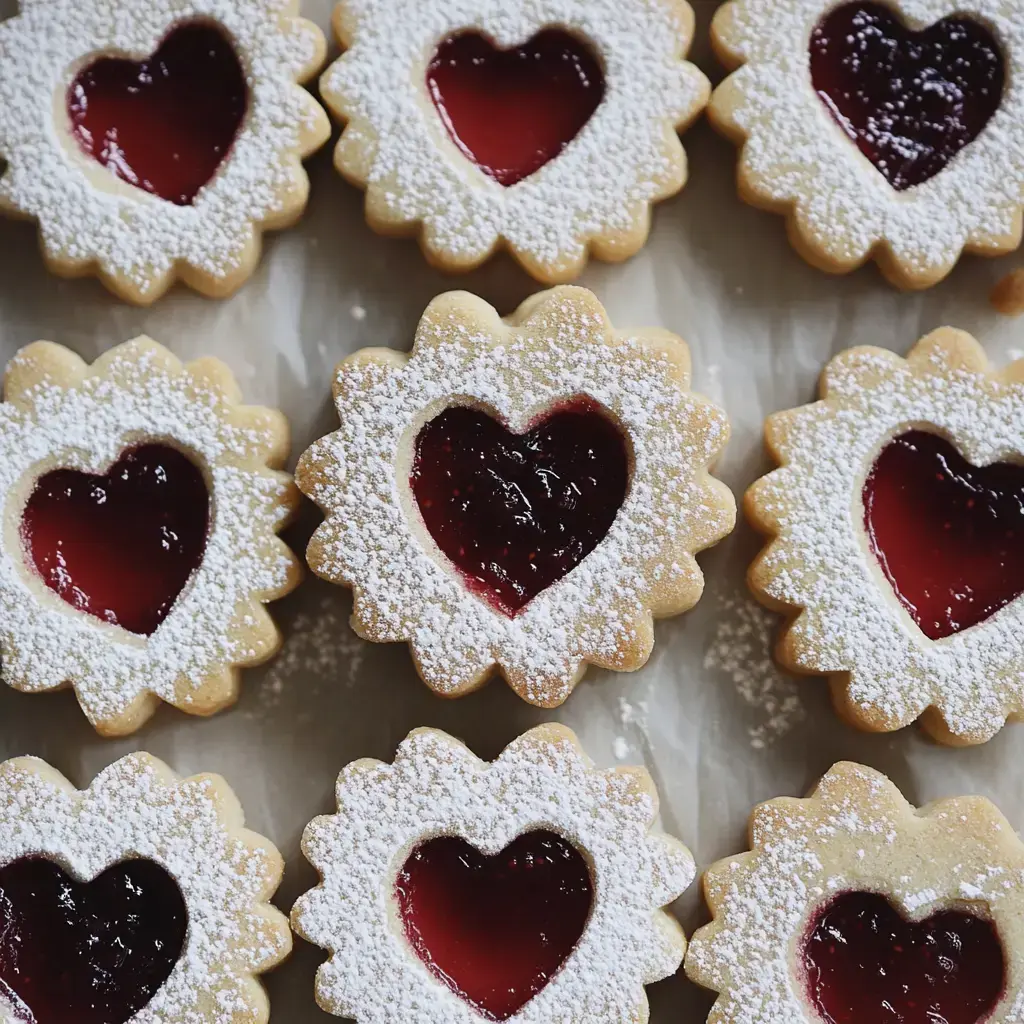 A close-up of heart-shaped cookies with a jam filling, dusted with powdered sugar.