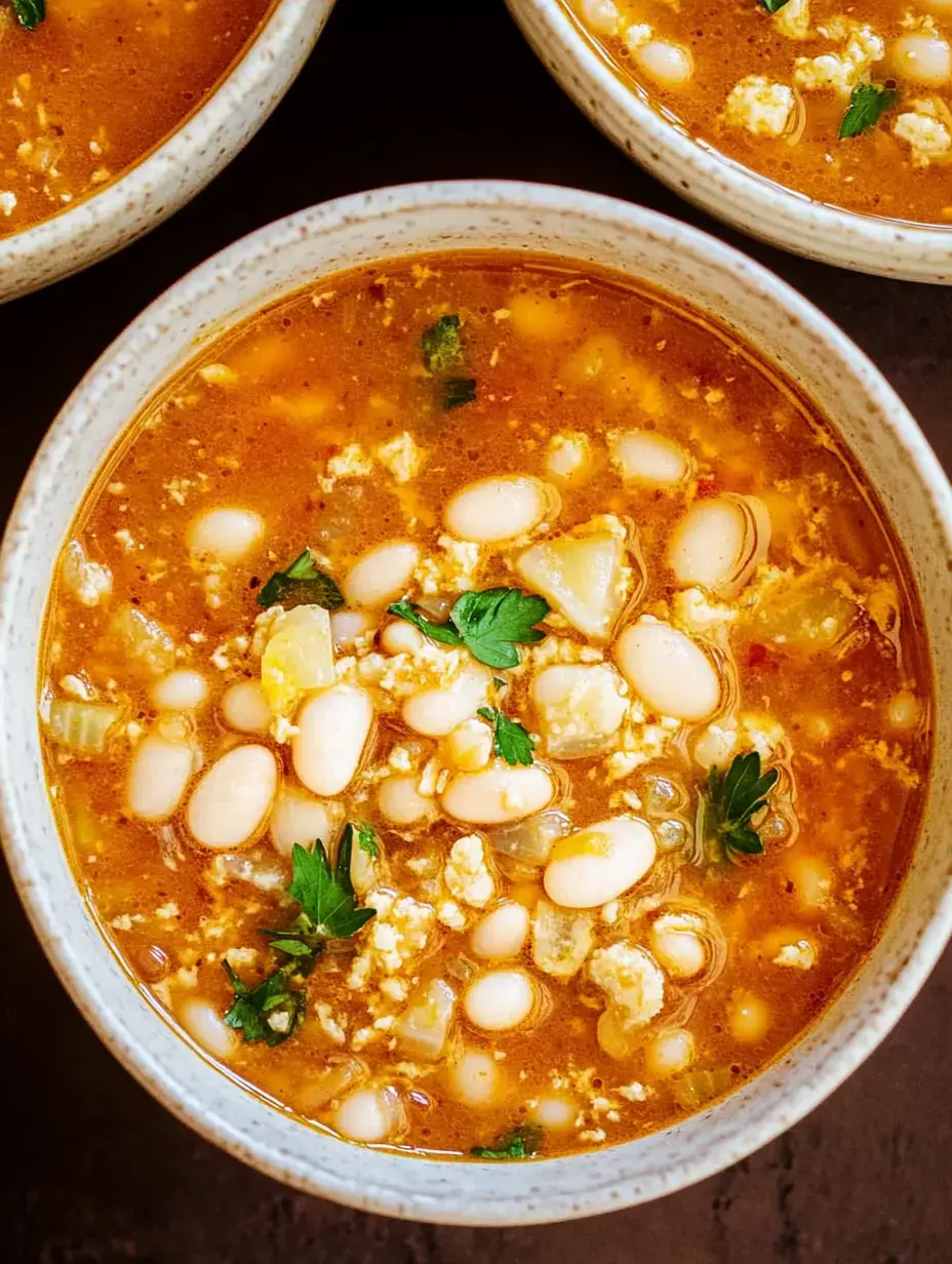 A close-up view of a bowl of soup featuring white beans, vegetables, and sprinkled herbs on top.