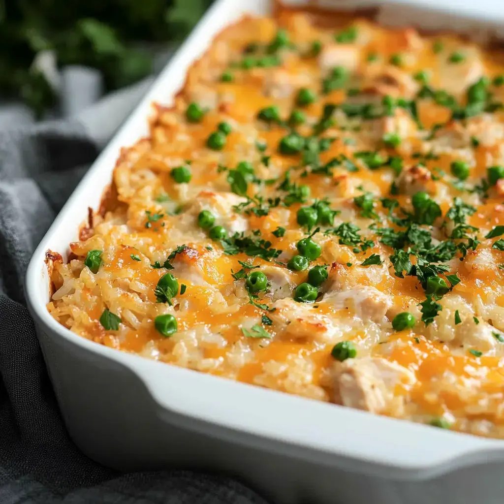 A baked dish featuring shredded chicken, cheese, and green peas, garnished with parsley.