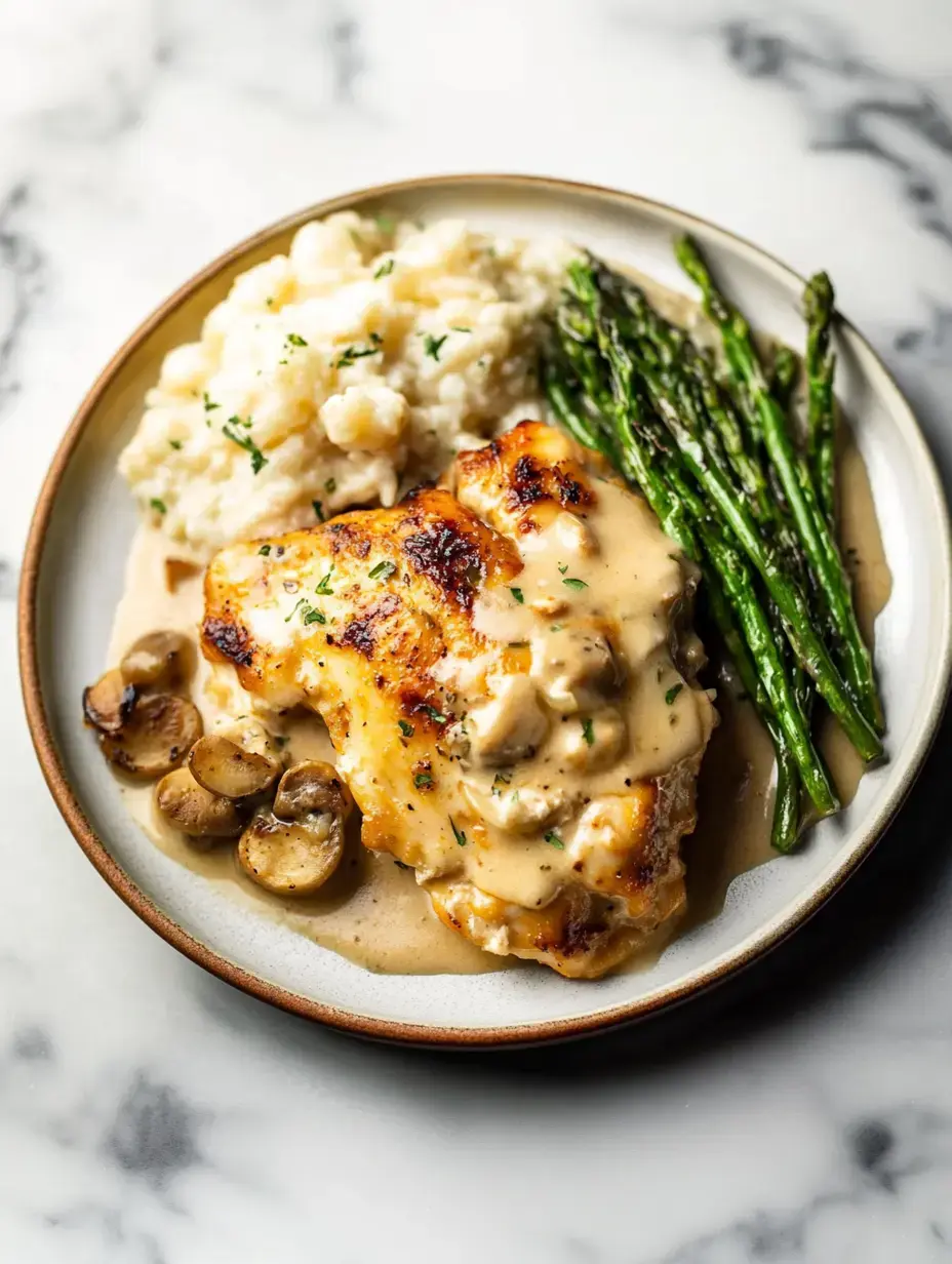 A plate of chicken topped with creamy sauce, served with mashed potatoes, sautéed mushrooms, and grilled asparagus.