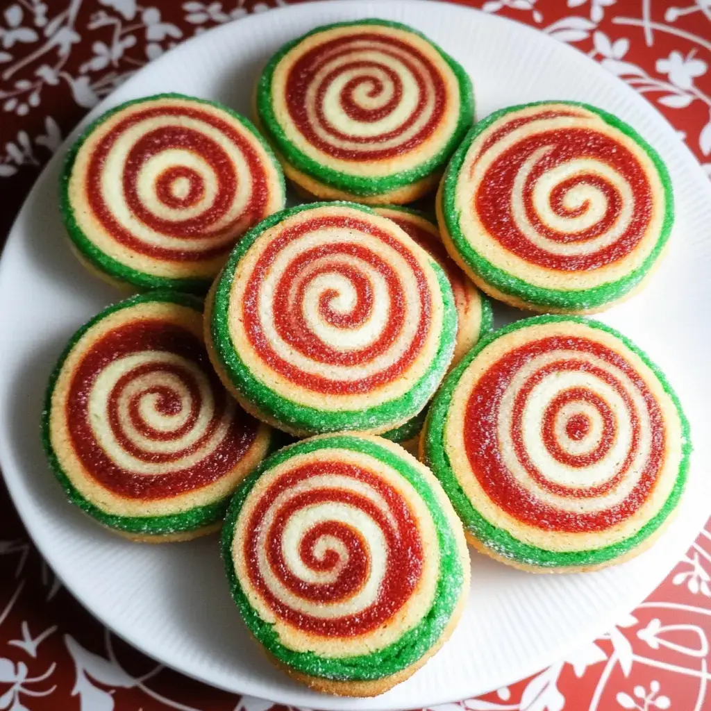 A plate of colorful, spiral-patterned cookies featuring red, green, and yellow layers.