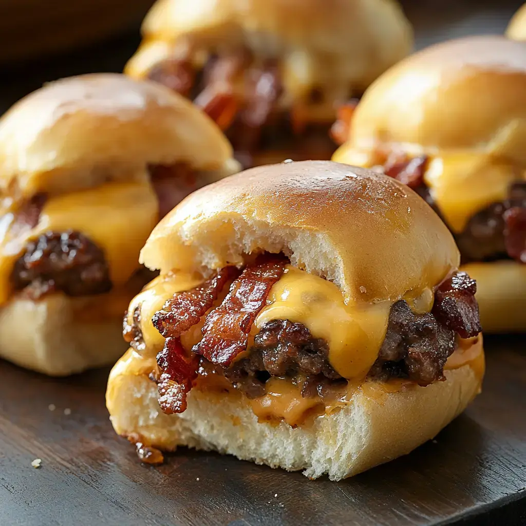 A close-up of mini cheeseburgers topped with bacon, showcased on a wooden surface.