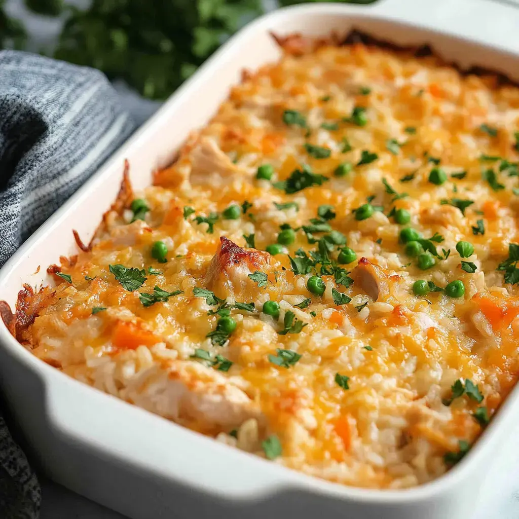 A baked dish of creamy rice topped with chicken, cheese, peas, and herbs served in a white casserole dish.