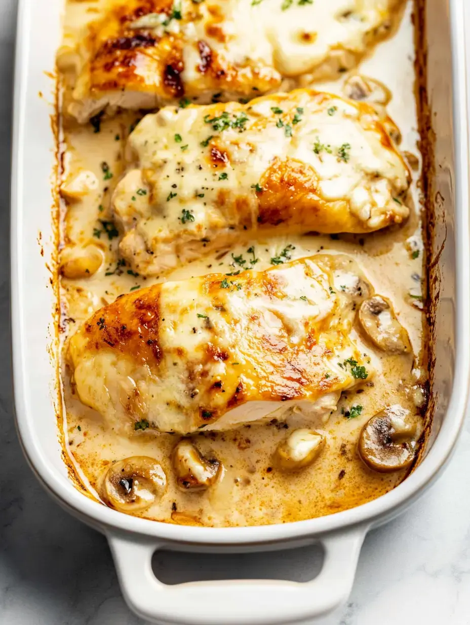 A creamy chicken dish topped with melted cheese, garnished with parsley and served with sliced mushrooms, in a white baking dish.