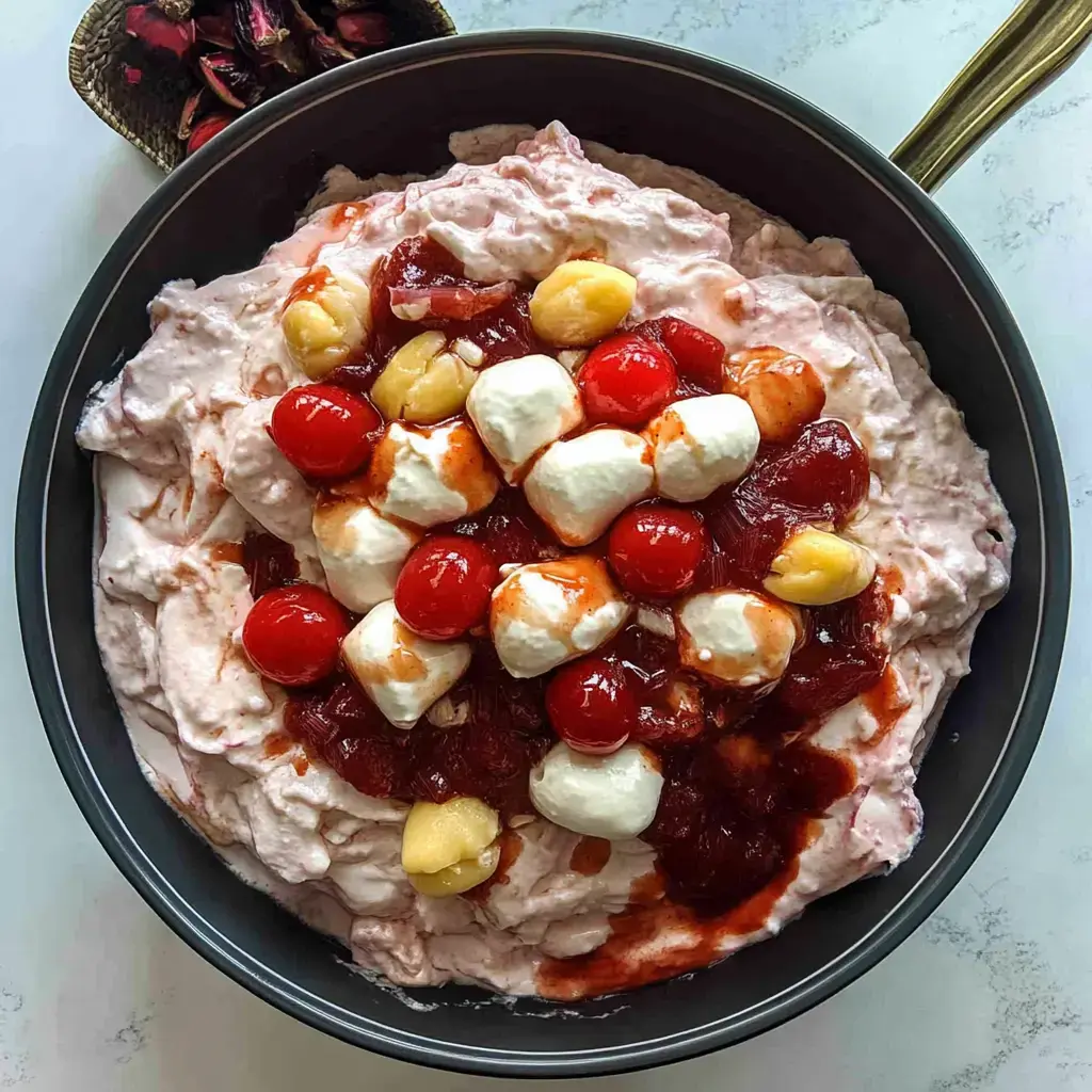 A bowl of whipped pink dessert topped with red cherries, white marshmallows, and a cherry sauce.