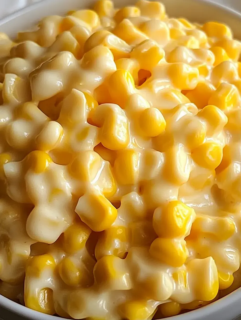 A close-up view of a creamy dish featuring kernels of yellow corn in a smooth sauce.